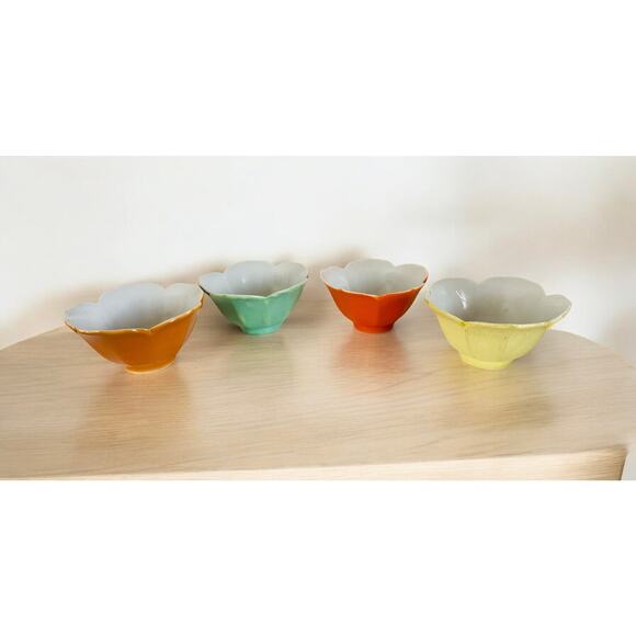 Vintage Mid Century Japanese Yellow Red Orange Japan Lotus Petal Rice Bowls - Picture 1 of 10